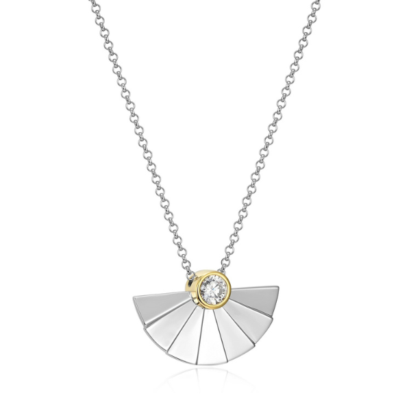 NR0LBYK0-2T Pleat Cubic  Zirconia Fan Shape Pendant Two Tone Necklace