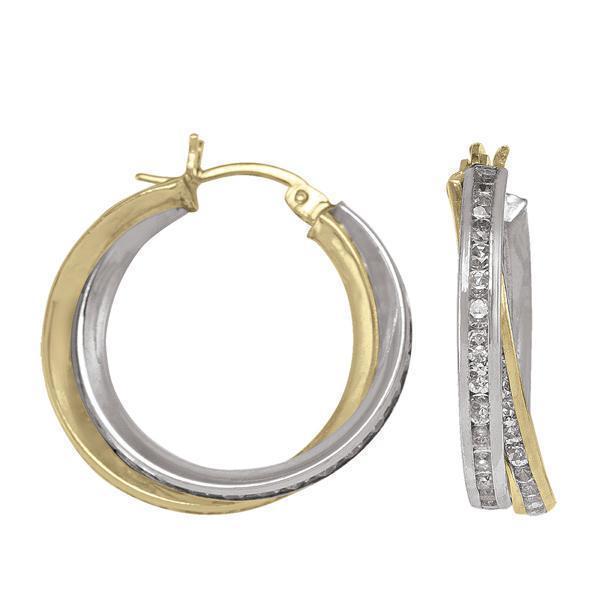 10K Gold and Silver Cubic Zirconia Round Hoop Earrings - 10K2T