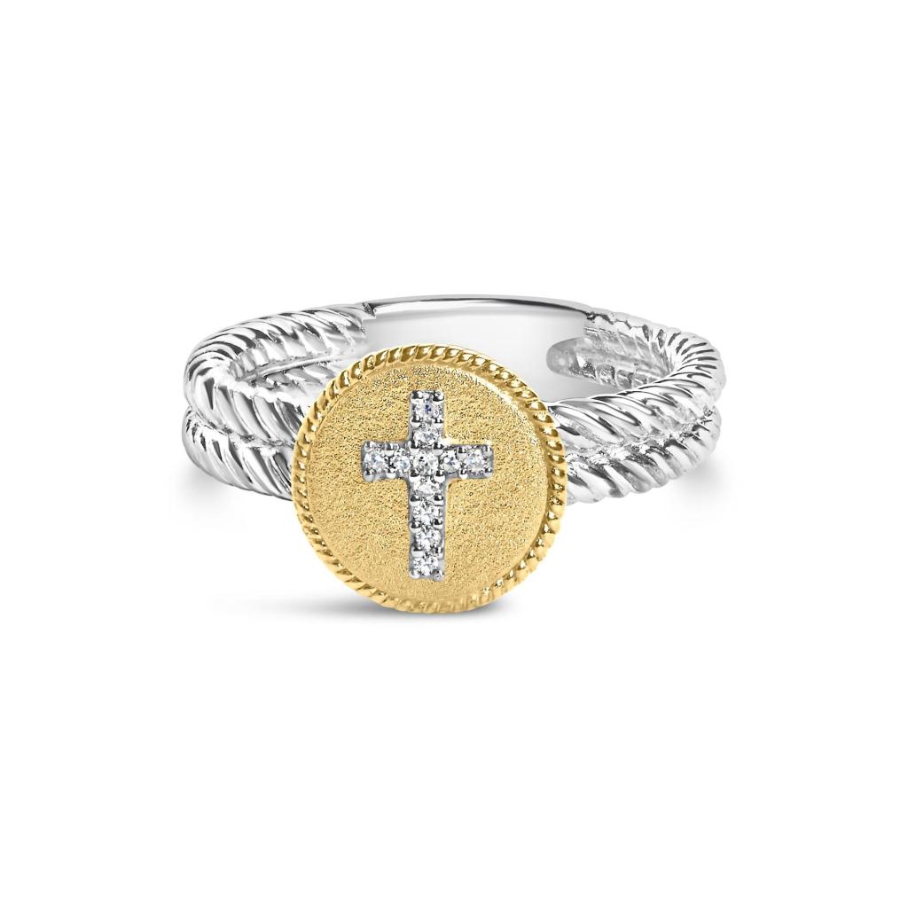 18K Yellow Gold Plated .925 Sterling Silver Diamond Cross Ring with Satin Finish (I-J Color, SI1-SI2 Clarity) Ring Size-8.0