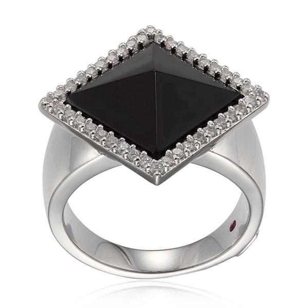 RR4L90827-W-6 Sterling Silver NEFER Genuine Black Agate and Crystal Pyramid Ring Size 6