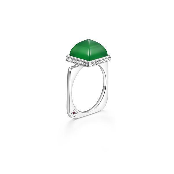 RR4LAJA-W-7 "Pivot" Genuine Green Agate & Cubic Zirconia Band Statement Ring - Silver