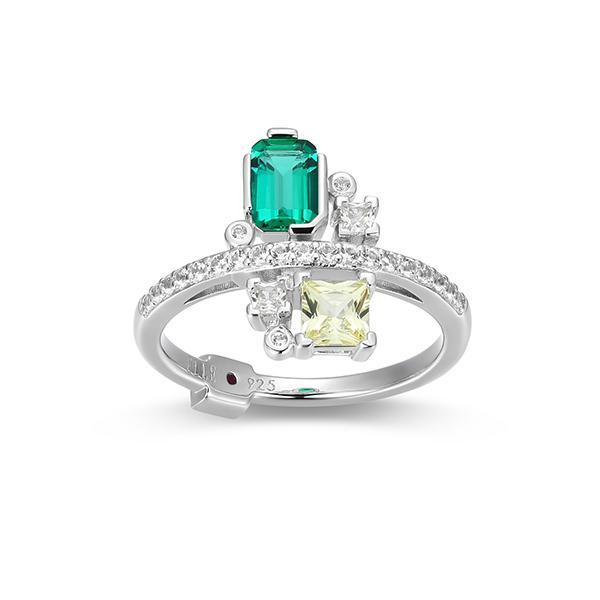 RR4LAJY61-W-8 Sterling Silver PUZZLE Multi Color Created Sapphire and Emerald Ring Size 8
