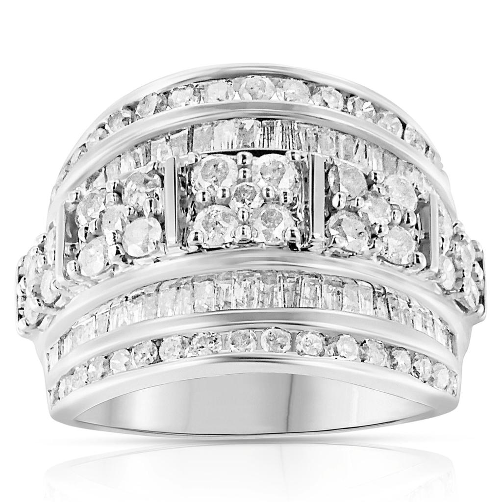 .925 Sterling Silver 2.0 Cttw Round & Baguette Cut Diamond Multi-Row Channel Set Tapered Cocktail Fashion Ring (I-J Color, I3 Clarity) Ring Size-7.0
