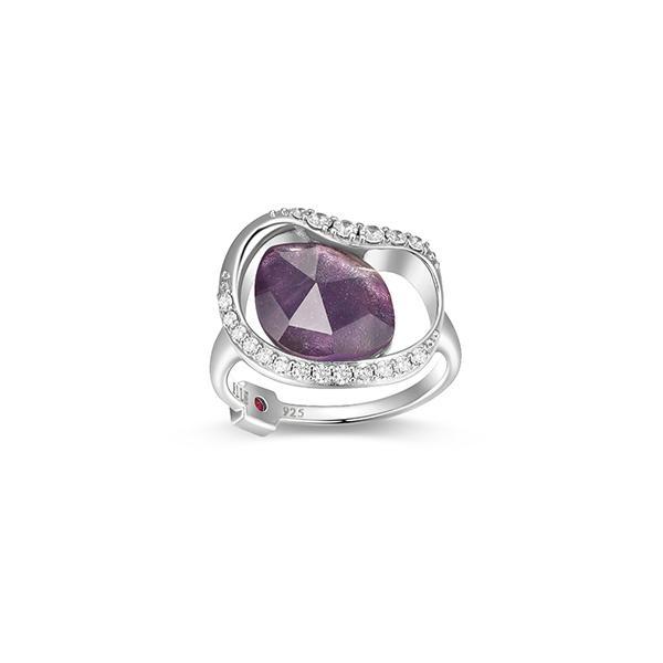 RR4LAHNGV-W-8 Sterling Silver TREASURE White Crystal and Amethyst CZ Oval Statement Ring Size 8