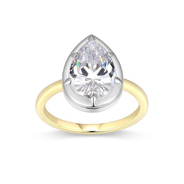 RR4ATSD97-2T-6 Sterling Silver Cubic Zirconia Bezel Set Pear Shaped Solitaire Two Tone Ring Size 6