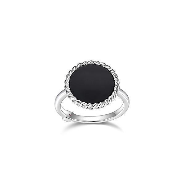 RR4LAE2-W-7 "Nautical" 12mm Round Black Agate with Rope Trim Ring - Silver