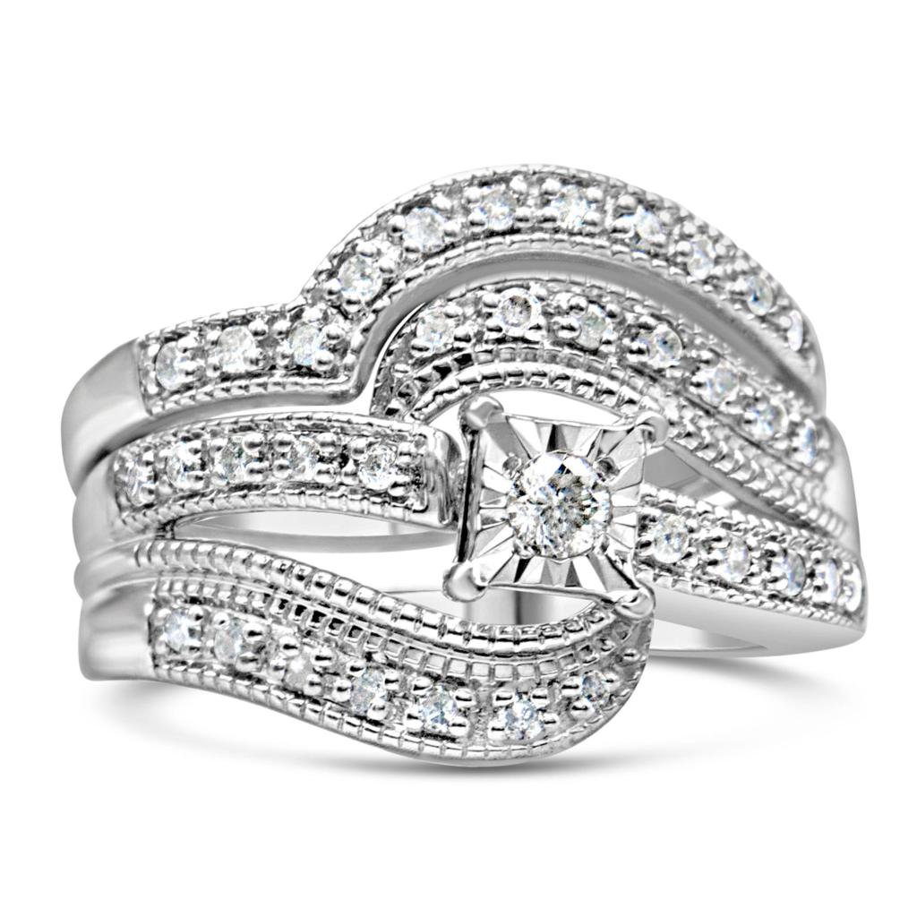 .925 Sterling Silver 1/3 Cttw Round Diamond Crisscross Engagement Ring Bridal Set (H-I Color, I1-I2 Clarity ) Ring Size-9.0