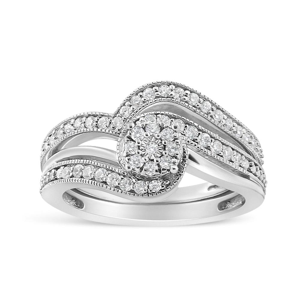 .925 Sterling Silver 1/3ct Cttw Multi-Diamond Bypass Vintage-Style Bridal Set Ring and Band (I-J Color, I3 Clarity) Ring Size-9.0