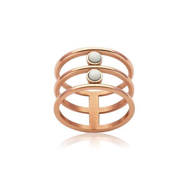 CJ Steelx IP Rose Disc Ring with White Quartz - Size 7
