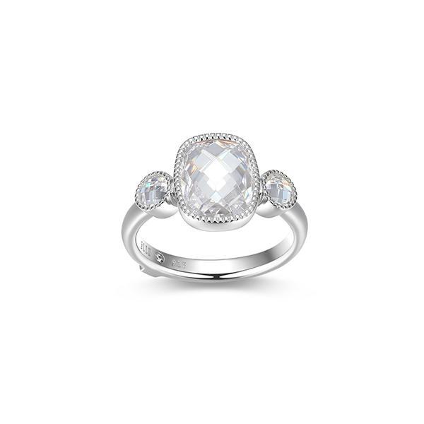 RR4LAJW00-W-8 Sterling Silver ESSENCE Emerald Cushion Cut Three Stone RIng Size 8