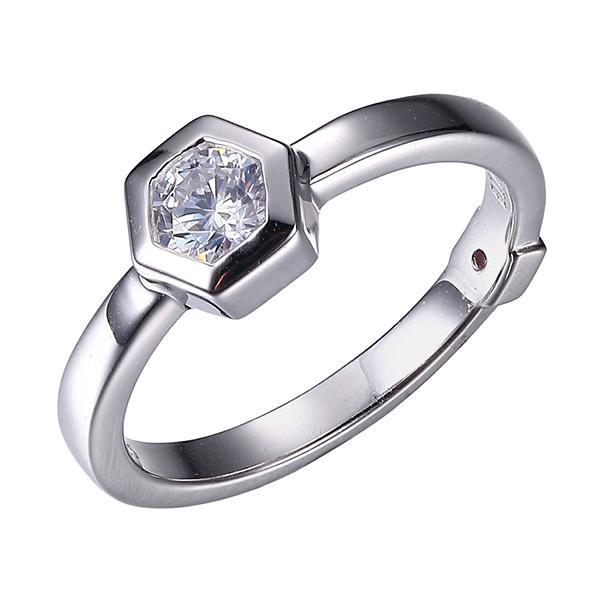 RR4LA8Q00-W-6 Sterling Silver Hexagon Cubic Zirconia Solitaire Ring Size 6