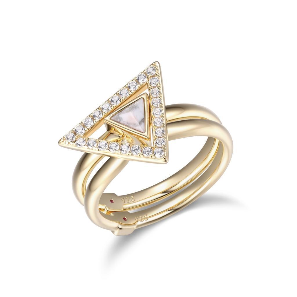 R34LACX-Y-8 "Spatial" Sterling Silver Set of 2 Howlite and Pave Cubic Zirconia Duet Ring - Gold