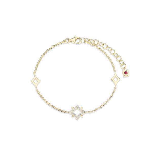 B31LAKM-Y "Stellar" Sterling Silver Gold Plated Rhombus with Pave Cubic Zirconia & Plain Silver Bracelet