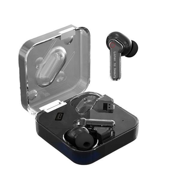 Clamshell Case Design SeeThrough Transparent In-Ear TWS Headphones Sleek Design and Superior Sound KIBW02 for Universal Cell Phone And Bluetooth Device - Black
