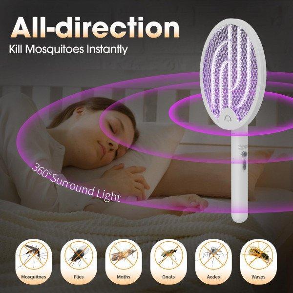 Foldable Electric Mosquito Swatter with 360deg Rotating Handle - Portable Bug Zapper for Home, Office & Outdoor Use - White