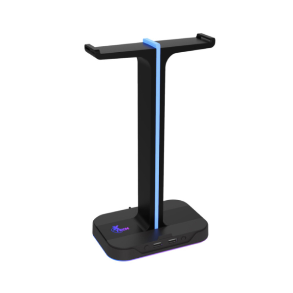 MS52795 Gaming Headset Stand Dual with 2 USB-A Ports RGB Lighting Cable Organizer with Cell Phone Stand