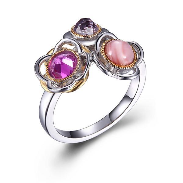 RR4LA4L97-2T-9 Sterling Silver Pink Mother of Pearl Simulated Corundum and Amethyst Bouquet Two Tone Ring Size  9
