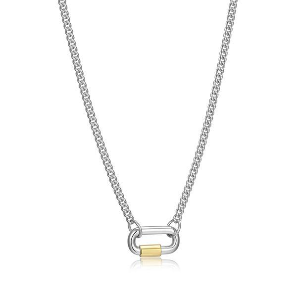NR0ADL5A0-2T-15 Sterling Silver Carabiner Link Curb Chain Two Tone Necklace Size 15