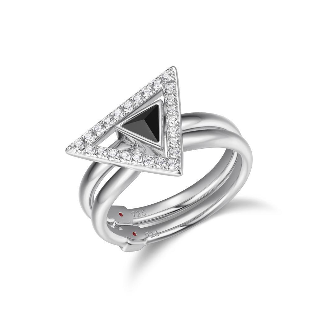RR4LACX-W-7 "Spatial" Sterling Silver Black Agate and Pave Cubic Zirconia Duet Rings - Silver