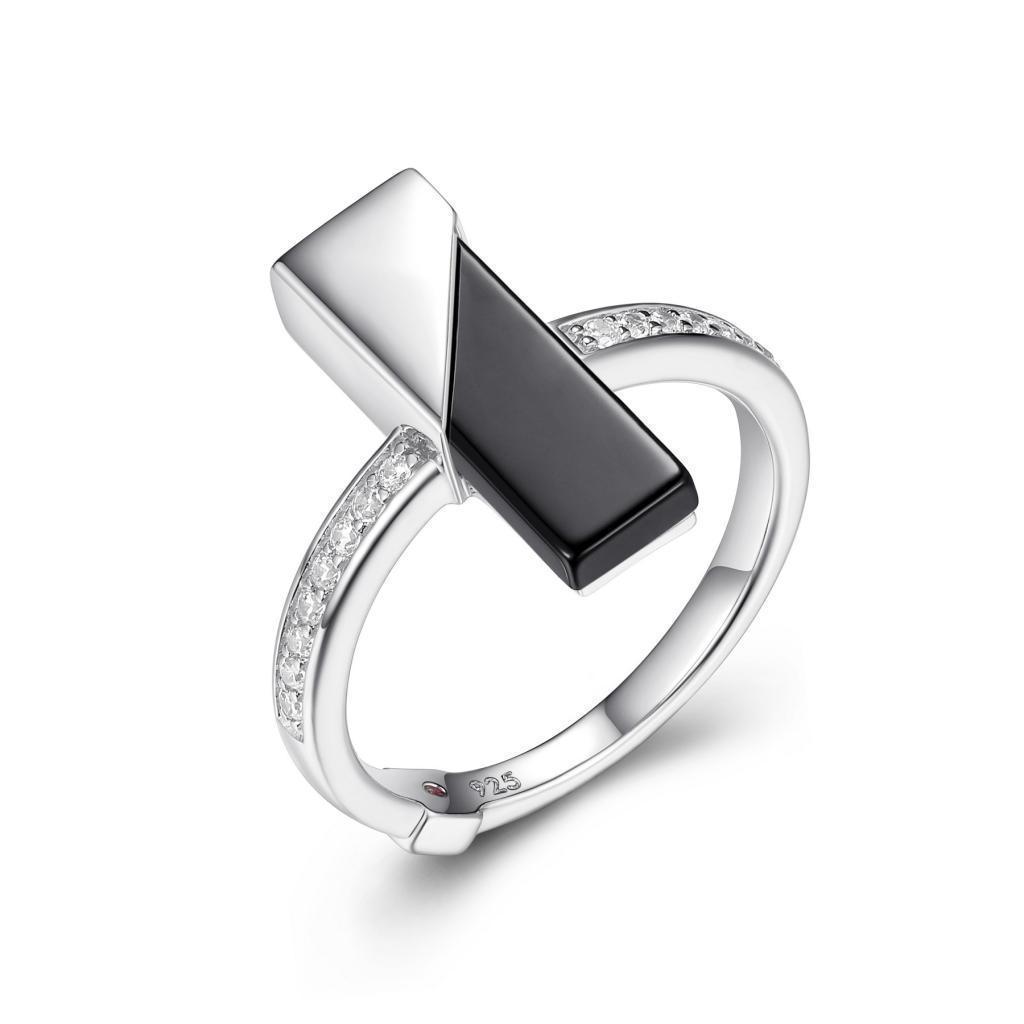 RR4LACY-W-6 "Spatial" Sterling Silver Black Agate and Pave Cubic Zirconia Bar Bracelet - Silver