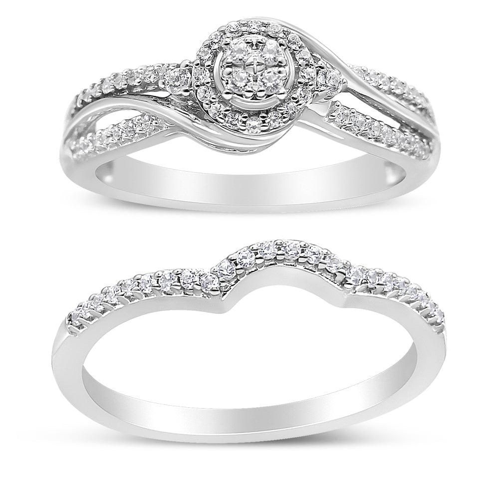 .925 Sterling Silver 1/3 Cttw Composite Diamond Frame Bypass Bridal Set Ring and Band (I-J Color, I2-I3 Clarity) Ring Size-8.0