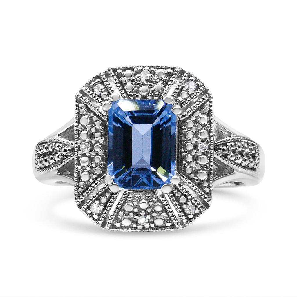 .925 Sterling Silver Diamond Accent and 8X6 mm Emerald-Shape Blue Topaz Ring (I-J Color, I2-I3 Clarity) Ring Size-6.5