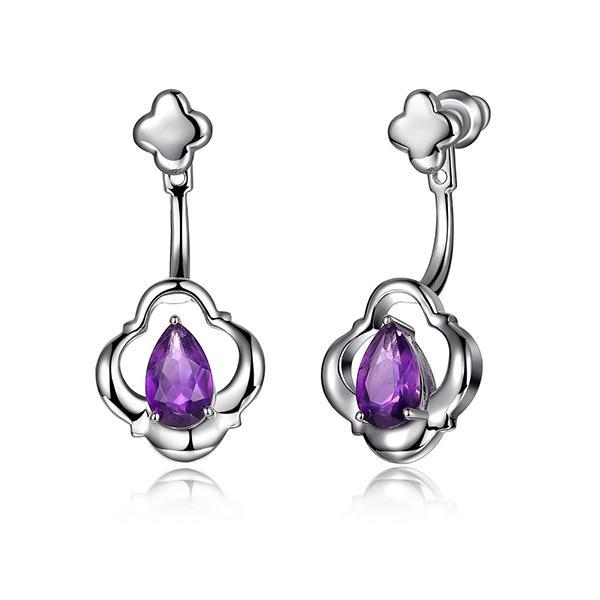 ER2LC6Y13-W Sterling Silver Pear Cut African Amethyst Clover Front and Back Post Earrings