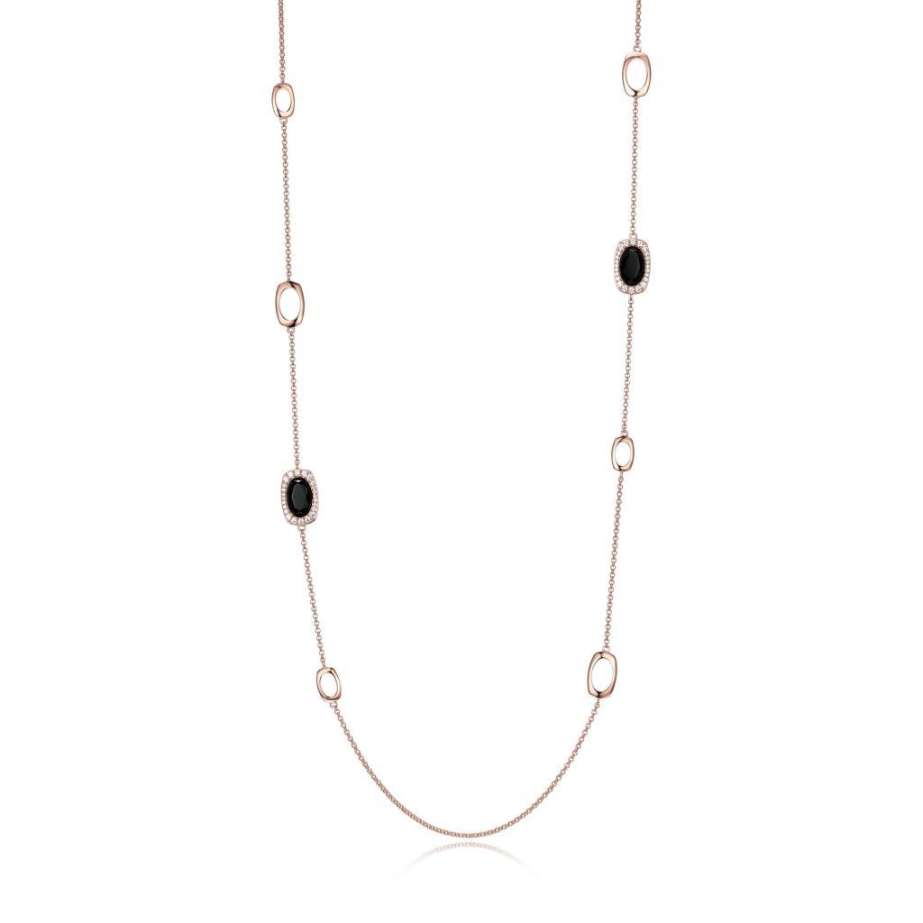 N30LBLM-P Aureole Oval Station Black Agate and Cubic Zirconia Necklace