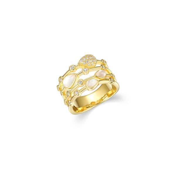Diamondlite Cubic Zirconia, Crystal and Mother of Pearl Multi Row Band Ring - Gold - Size 7