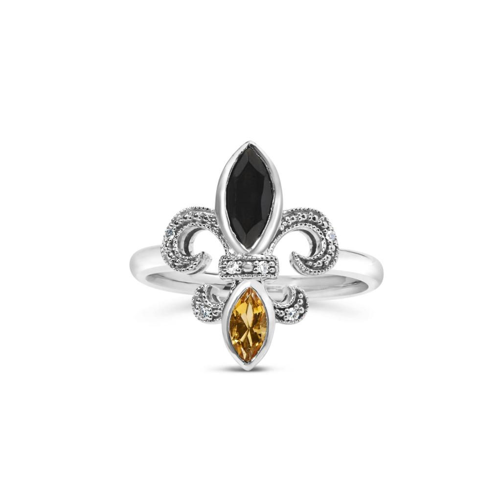 .925 Sterling Silver Black Onyx and Yellow Citrine Marquise and Diamond Accent Fleur De Lis Ring (H-I Color, SI1-SI2 Clarity) Ring Size-7.0
