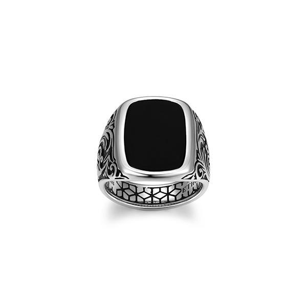Sterling silver CJ Ethos CHISEL rhodium plated 18x12mm genuine black agate with black oil intaglio ring - Size 10