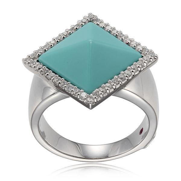RR4L908AZ-W-6 Sterling Silver NEFER Synthetic Turquoise and Cubic Zirconia Pyramid Ring Size 6