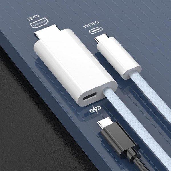 2-in-1 USB C to HDMI Nylon Braided Cable 6.5FT with 60W PD Charging Port - 4K Video Adapter Cord for Universal Cell Phone And Bluetooth Device - White