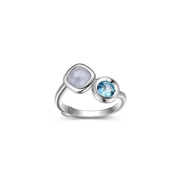 RR4LAGB-B-8 "Mirage" Round Topaz and Cushion Cut Agate Bezel Set Bypass Ring - Blue