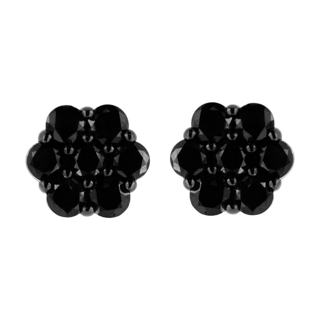 .925 Sterling Silver  Prong Set Round-Cut Treated Colored Diamond Floral Cluster Stud Earring - Black Diamond - Total Diamond Weight - 4