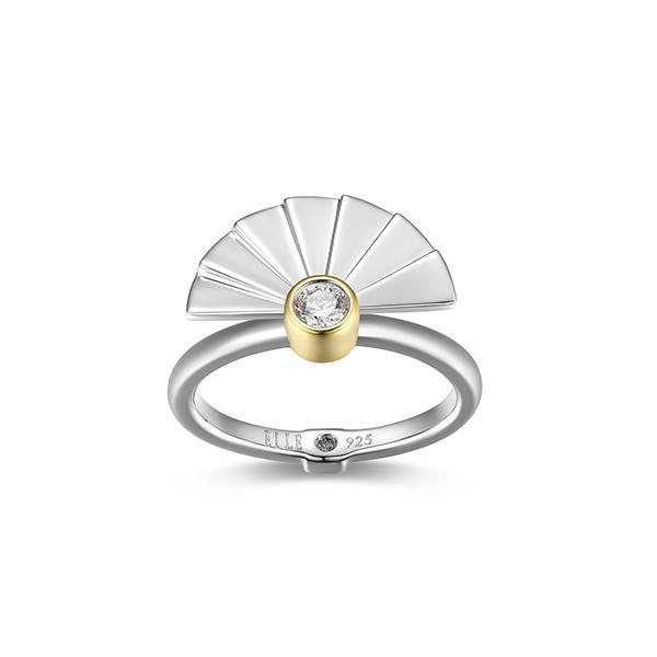 RR4LAJC00-2T-6 Sterling Silver PLEAT Bezel Set Cubic Zirconia Fan Shape Two Tone Ring Size 6