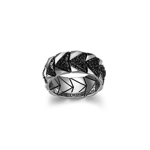 Sterling silver CJ Ethos CHEVRON rhodium plated with genuine black sapphire 9mm wide band - Size 11