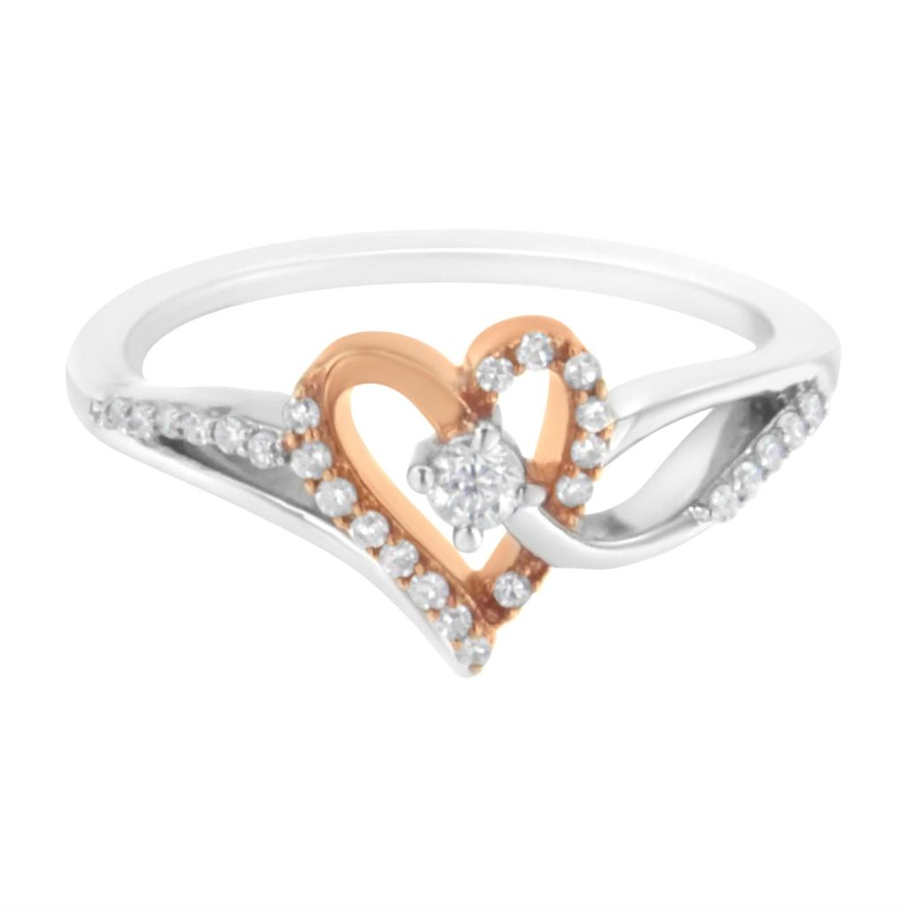 10K Rose Gold Plated .925 Sterling Silver 1/5 Cttw Diamond Two Tone Open Heart Promise or Fashion Ring (I-J Color, I2-I3 Clarity) Ring Size-6.0