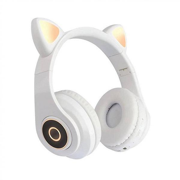 Bluetooth Wireless Cute Cat LED Foldable Headphone Headset with Built in Mic - White