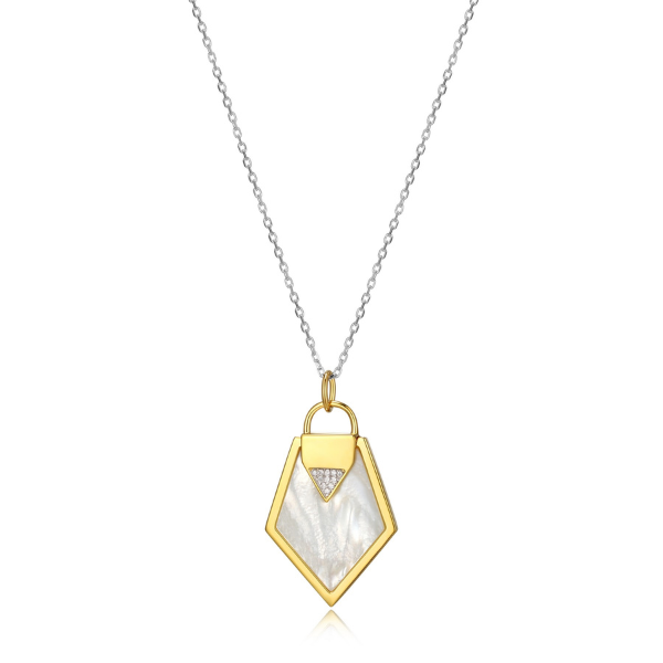 NR0LBLHA-2T Lock and Key Mother of Pearl Pendant Two Tone Necklace