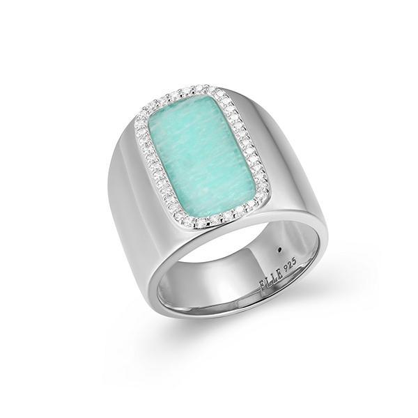 RR4LAK3GU-W-9 Sterling Silver ALLURE Cubic Zirconia and Amazonite Halo Wide Ring Size 9
