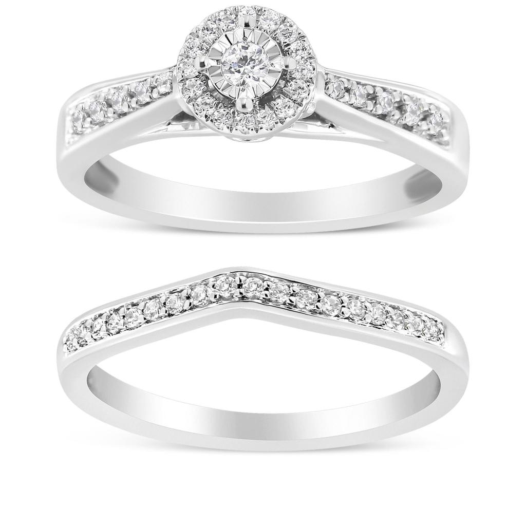 .925 Sterling Silver 1/3 Cttw Diamond Halo and Pave Shank Engagement Ring Set (I-J Color, I3 Clarity) Ring Size-8.0