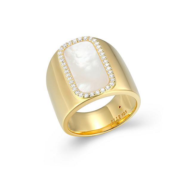 R34LAK3A9L-Y-9 Sterling Silver ALLURE Mother of Pearl Cubic Zirconia Halo Wide Ring Size 9