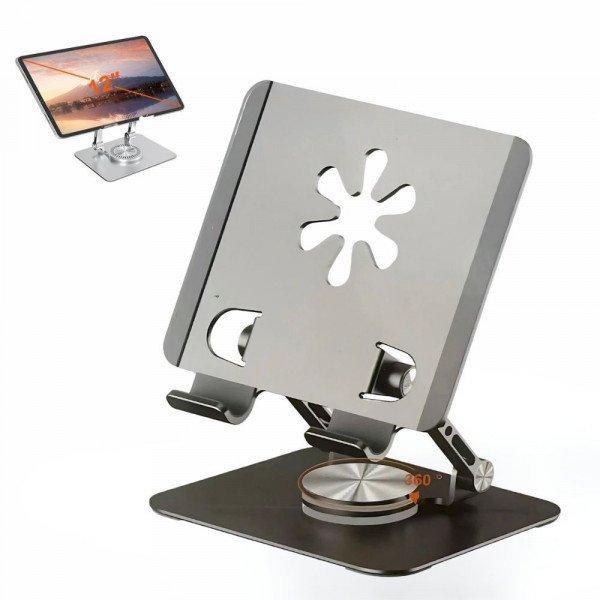Adjustable Stainless Steel Phone Tablet Holder with Flexible 360deg Rotation & Solid Metal Base - Black