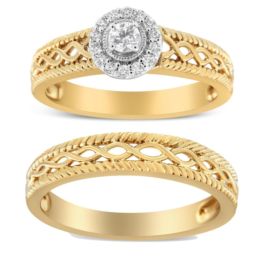 14K Yellow Gold Plated .925 Sterling Silver 1/5 Cttw Diamond Halo Engagement Ring and Wedding Band Set (I-J Color, I3 Clarity) Ring Size-7.0