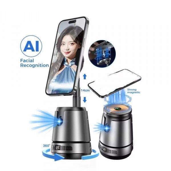 360deg Rotating Magnetic Phone Holder Stand with AI Facial Recognition & Face Tracking for Stable, Hands-Free Recording - Black