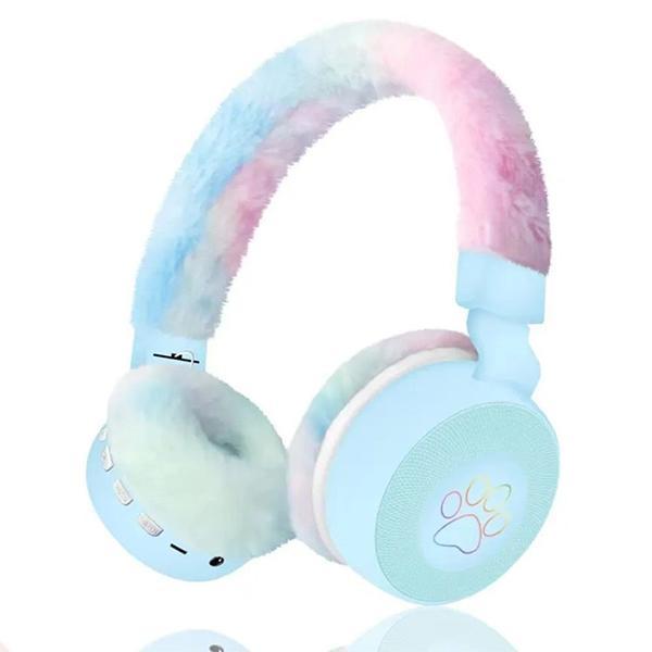 Fluffy Over-Ear Bluetooth Headphones with LED Paw Design - Blue