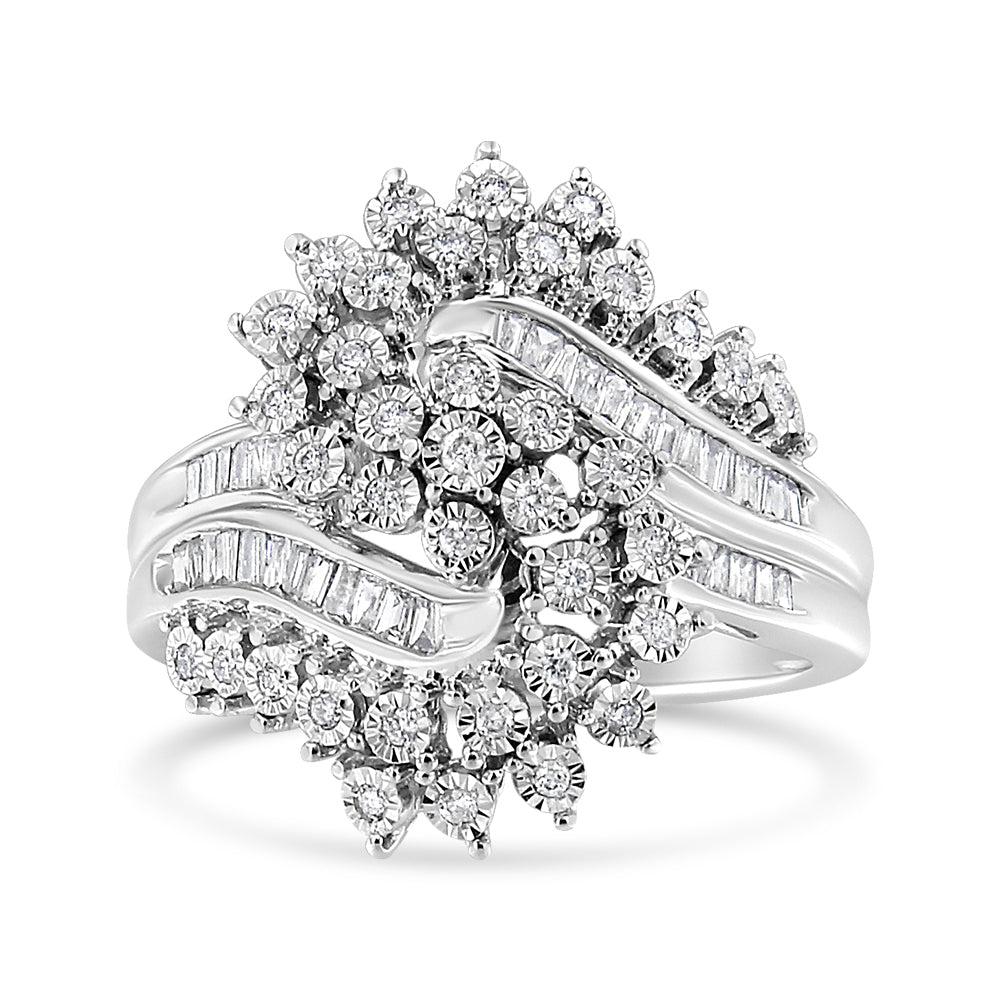 10K White Gold 1/2 Cttw Round and Baguette-Cut "S" Shaped Bypass Cocktail Ring (I-J Color, I1-I2 Clarity) Ring Size-6.0