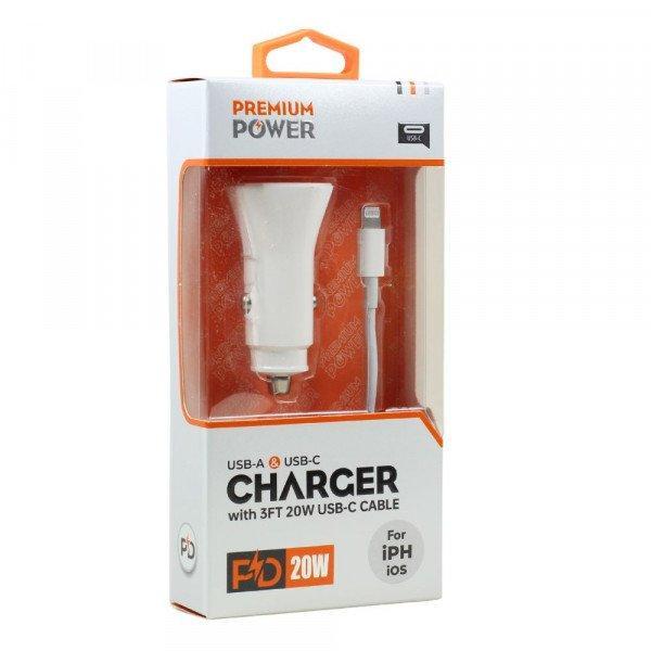 2in1 Car 20W PD Fast Power Delivery Charger with 3FT USB-C to IP Lighting Cable for iPhone, iDevice - Car - White