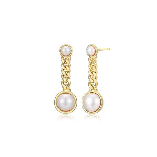 8mm & 4mm Genuine Pearl Curb Chain Drop Earrings - Gold